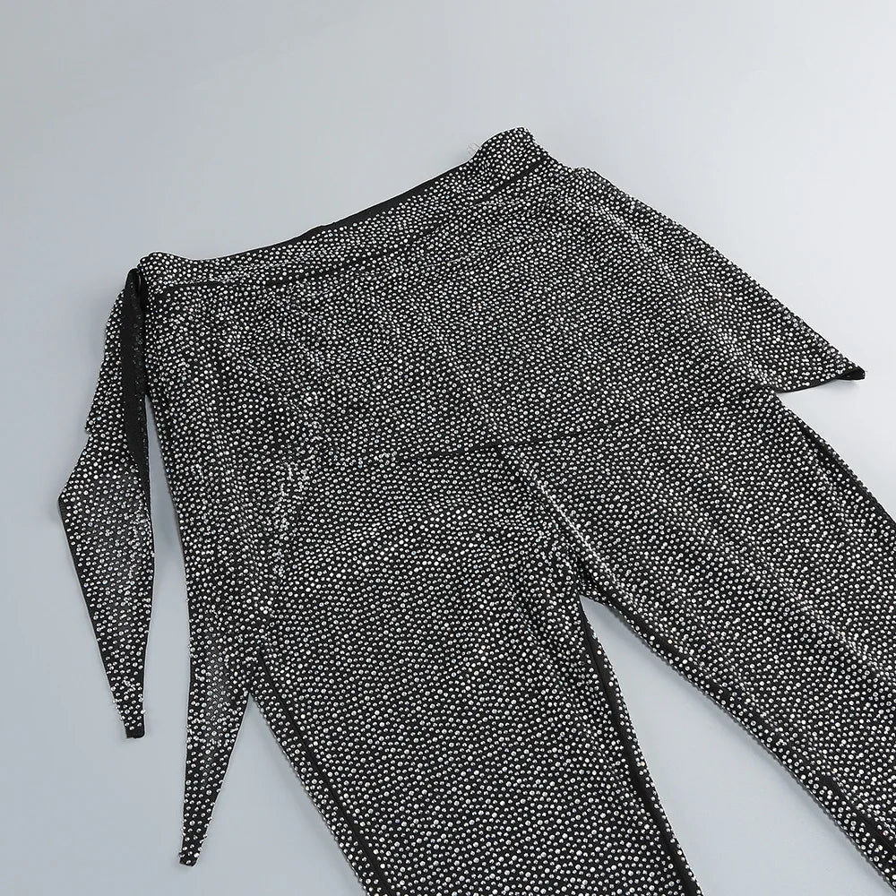 Stylish Ladies Pant Suits Double Breasted Blazer Jackets Loose See Through Hot Diamond Fishnet Shiny Trousers Pant Set