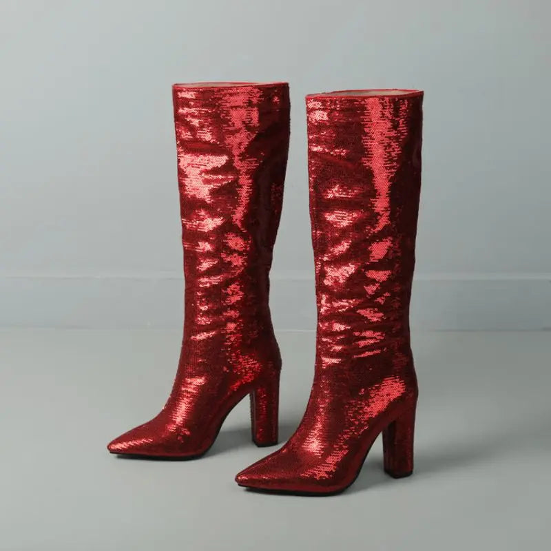Bling New Botas Alto Chunky Heel Shoes 2025 Knee-High Women Boots