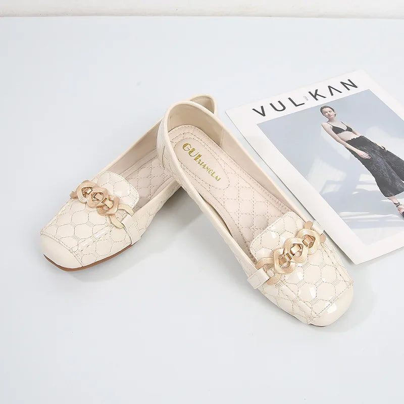 Women's Flat Shoes Spring Autumn New Square Toe Chain Comfortable Casual Square Toe Slip-On Female Shoes Large Size 36-42