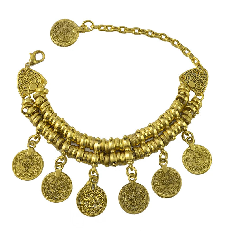 Vintage Ethnic Exaggerated Coin Pendant Bracelets For Women Boho Silver Color Carved Geometric Indian Bracelets Jhumka Jewelry - Kimlud