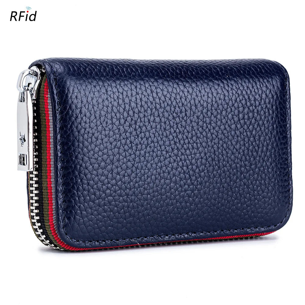 Genuine Leather Men Women Card Holder Small Zipper Wallet Solid Coin Purse Accordion Design rfid ID Business Credit Card Bags