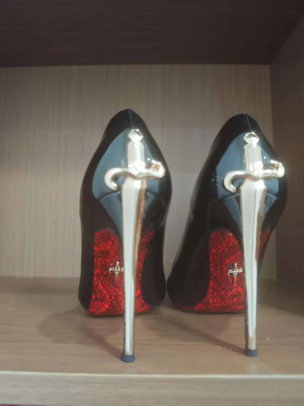 Metal Sceptre Microfiber Upper Open Toe Super High Heel Red Bottom Fine Heel Solid Color Women's Shoes Natural Rubber Outsole