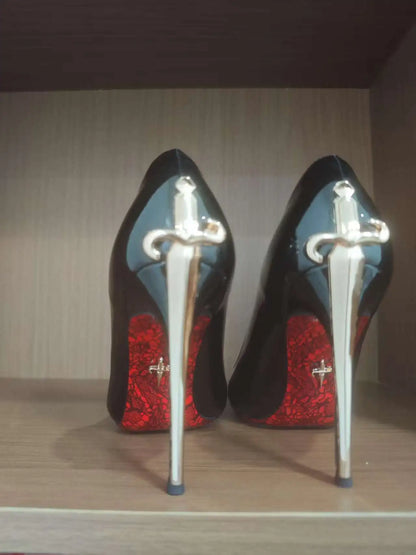 Metal Sceptre Microfiber Upper Open Toe Super High Heel Red Bottom Fine Heel Solid Color Women's Shoes Natural Rubber Outsole