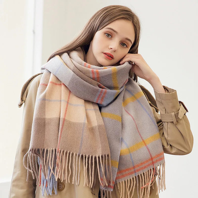 Winter 100% Lamb Wool Scarf Women Luxury Thicken Warm Shawls Wraps Checkered Pashmina Foulard Femme Plaid Cashmere...