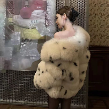New Full Skin Leopard Print Spotted Fur Collar Fur Integrated Fox Fur Grass Jacket Coat for Women