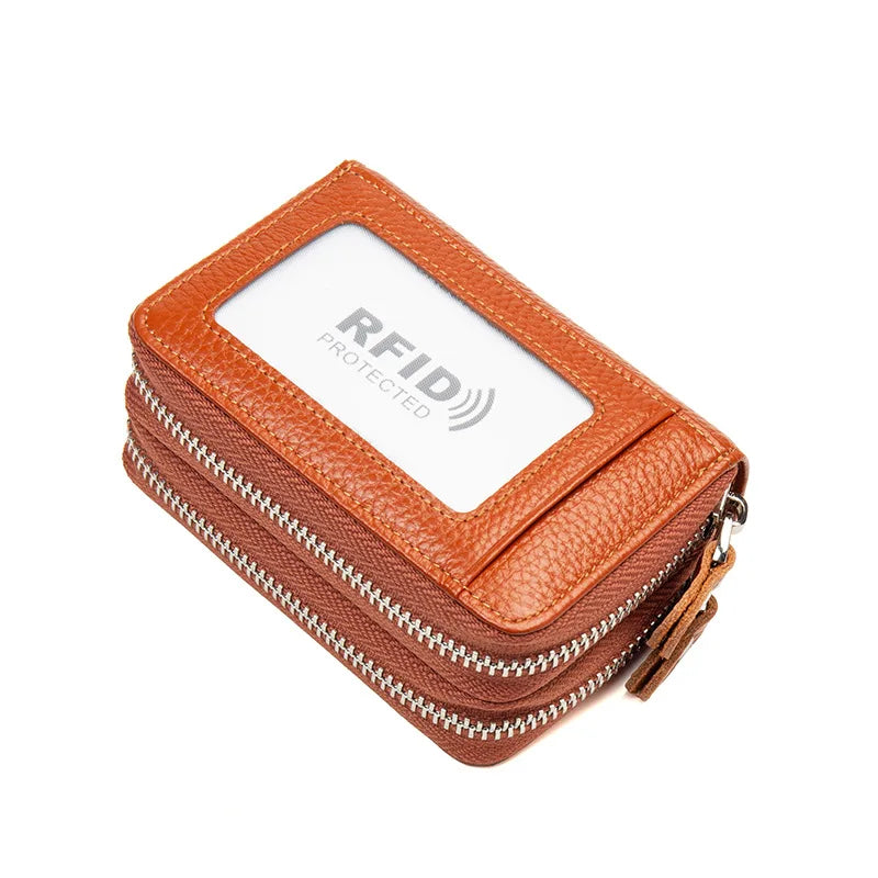 RFID Blocking Fashion Women Card Holder Genuine Leather Double Zipper Large Capacity Female Wallet Purse | Kimlud Mid...