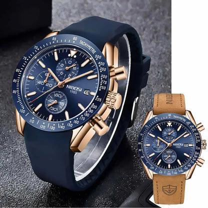 NIBOSI 2615 Business Style Men Watch Luminous Real Leather Band Wristwatch Silicone Strap Chronograph Quartz Watches