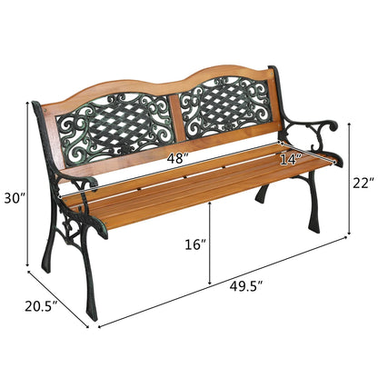 Modern 49" Outdoor Patio Park Garden Bench Furniture with Hardwood Slats and Cast Iron Frame