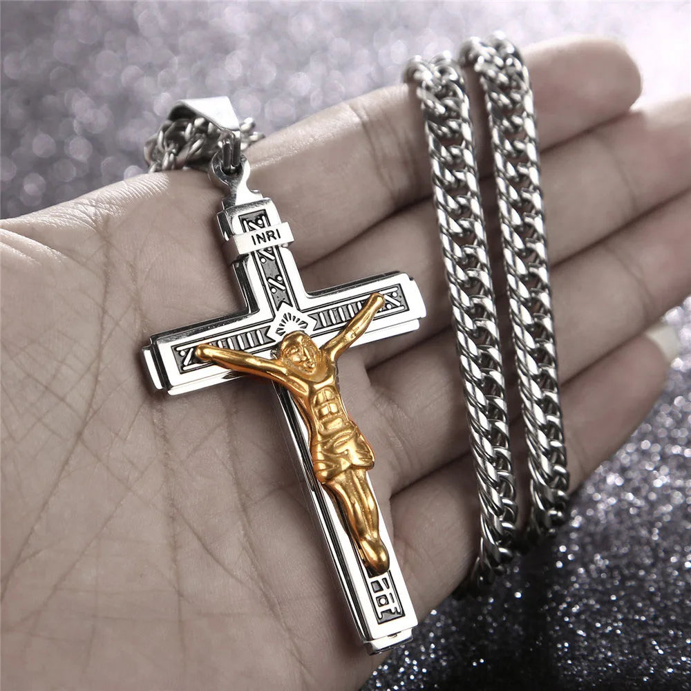 Stainless Steel Crucifix Jesus Cross Necklace Pendant Multilayer Jesus Christ Crucifix Necklaces with 24'' Chain Top Quality