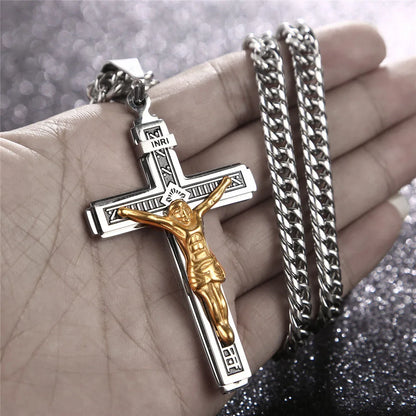 Stainless Steel Crucifix Jesus Cross Necklace Pendant Multilayer Jesus Christ Crucifix Necklaces with 24'' Chain Top Quality