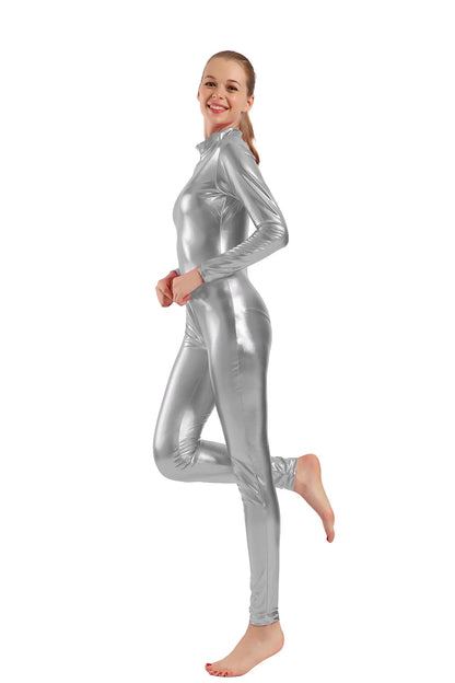 AOYLISEY Women Shiny Metallic Catsuits Unitard Long Sleeve Mock Neck Ballet Jumpsuits for Hollween  Men Cosplay Zentai Costumes