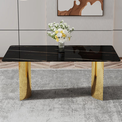 Modern Minimalist Square Dining Table with Black Patterned Glass Top Golden Metal Legs for Home Furniture Apartments...