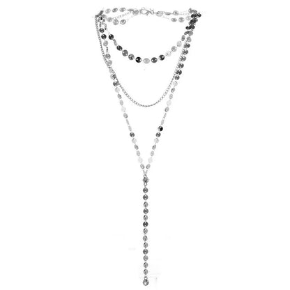 Stainless Steel Sexy Multilayer Sequins Chain Tassel Crystal Pendant  Necklace For Woman Y Shape Disc Choker Necklace