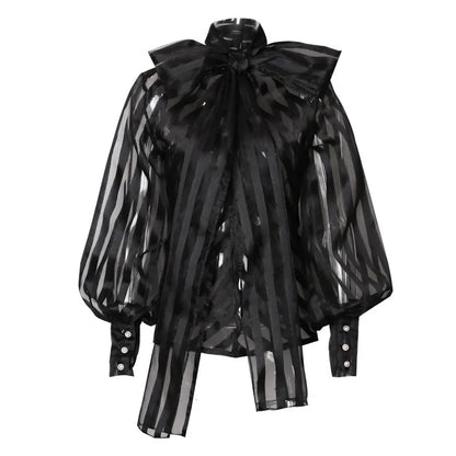 Europe Spring Womens Red Striped Organza Blouses Sexy Perspective Lace-up Bow Mesh Blusas Tops Lantern Sleeve Black Femme Shirt