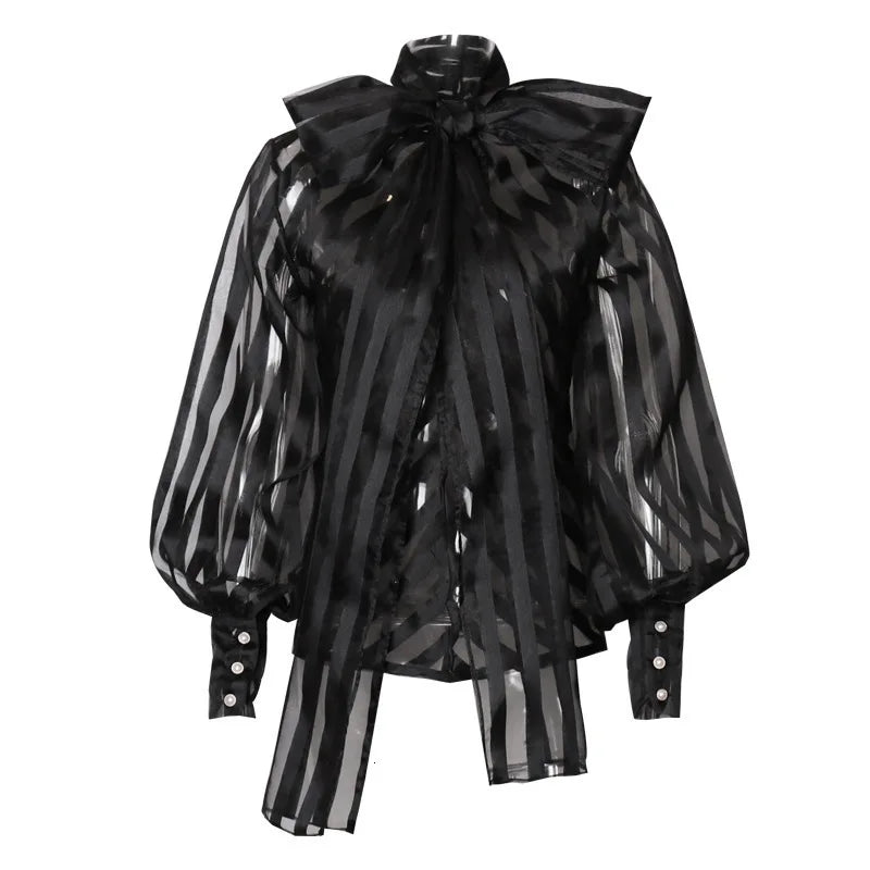 Europe Spring Womens Red Striped Organza Blouses Sexy Perspective Lace-up Bow Mesh Blusas Tops Lantern Sleeve Black Femme Shirt