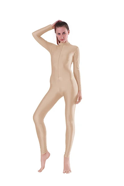 Aoylisey Women Long Sleeve Mock Neck Unitard Front Zip V-Neck Ballet Jumpsuit Dancewear Gymnastics Zentai Halloween Costume