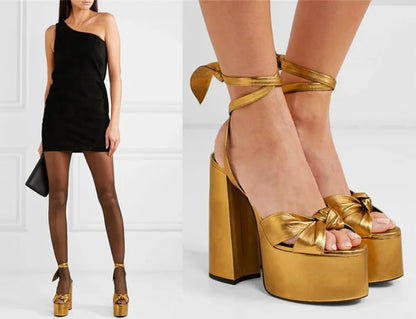 New Women Sandals Summer Shoes Sexy Thick High Heels Platform 10 colors Dress Party Wedding Shoes Woman Pumps Bow love heels - Kimlud