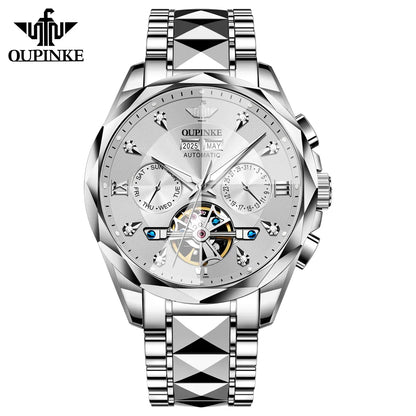 Oupinke 3316 Oem logo Hollow Design Business Tourbillon Waterproof Stainless Steel Luminous  Automatic Mechanical Watch for Man