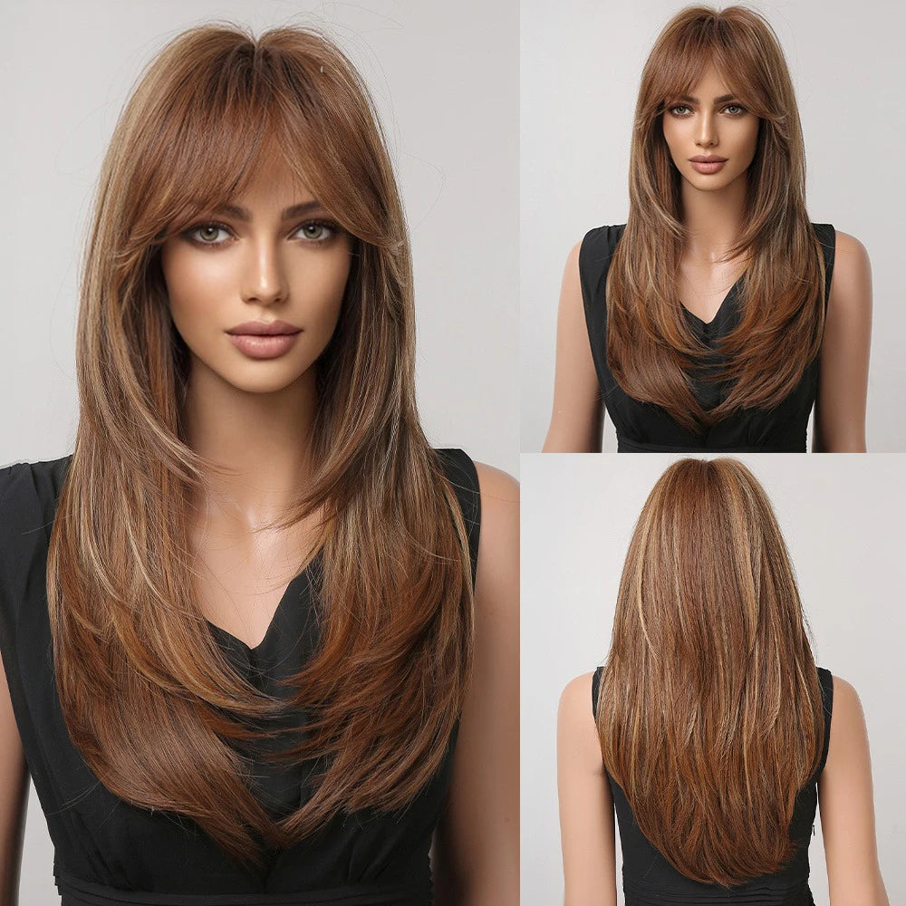 Factory Outlet MOQ 1Long Layered Brown Synthetic Wigs for Women Straight Blonde Mixed Bangs Wigs Use Heat Resistant Fiber