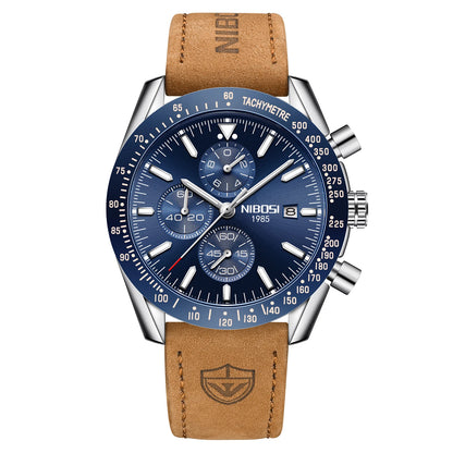 NIBOSI 2615 Business Style Men Watch Luminous Real Leather Band Wristwatch Silicone Strap Chronograph Quartz Watches