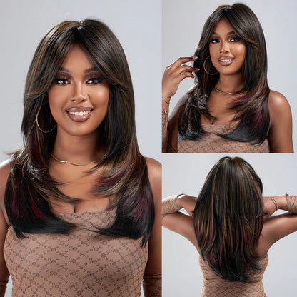 Factory Outlet MOQ 1Long Layered Brown Synthetic Wigs for Women Straight Blonde Mixed Bangs Wigs Use Heat Resistant Fiber