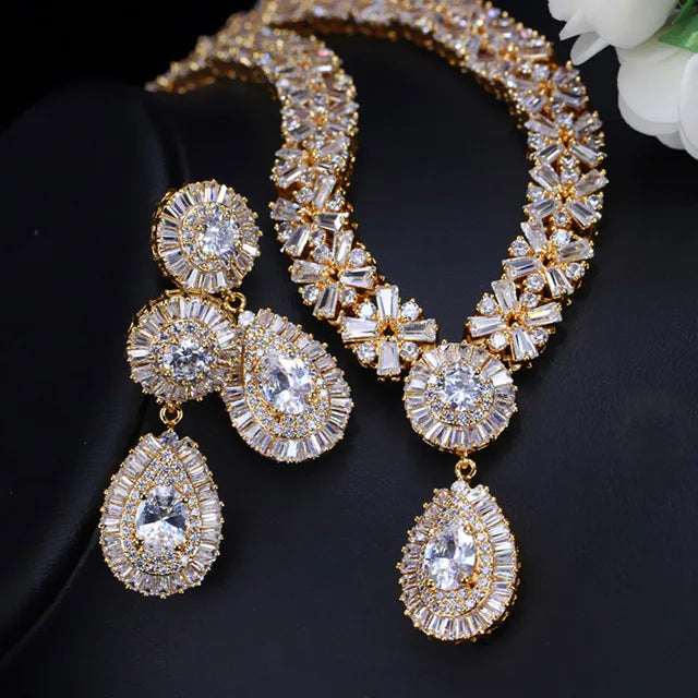 ThreeGraces Luxurious Blue Cubic Zirconia Stone Silver Color Large Bridal Wedding Earrings Necklace Jewelry Set for Women TZ775