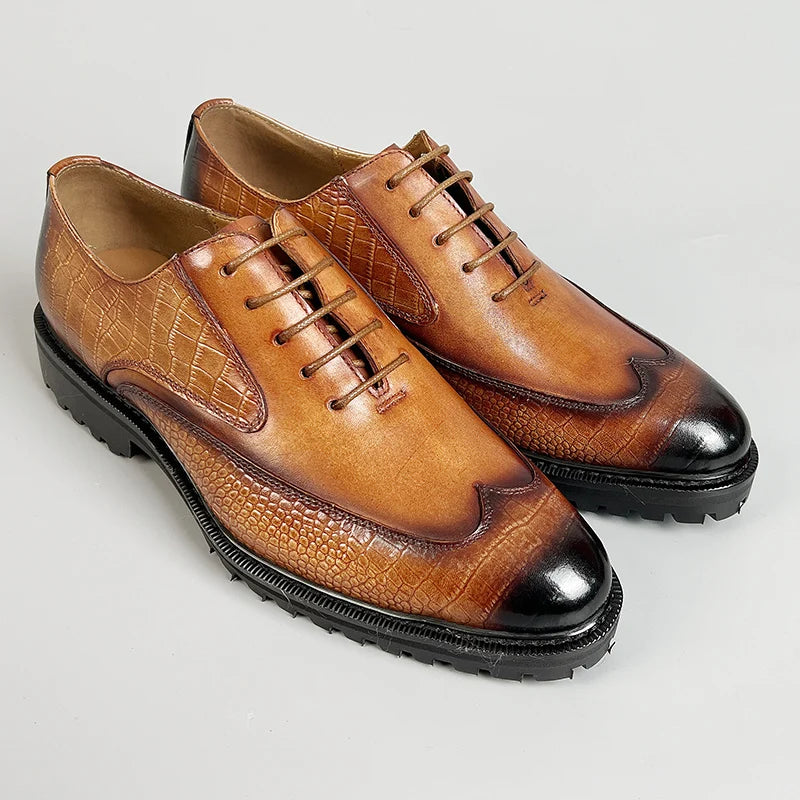 Men Dress Formal Shoes Genuine Leather Office Shoe for Business Social Elegant Handmade Printing Oxfords Lace up Shoes