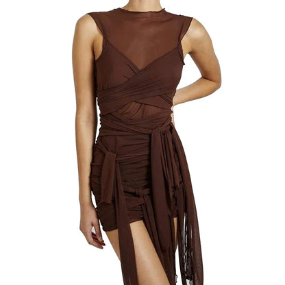 Bangniweigou Ribbon Wrap Up Draped Mesh See Through Bandage Dress Women Mummy Tie Up Bodycon High Waist Short Brown Dresses - Kimlud