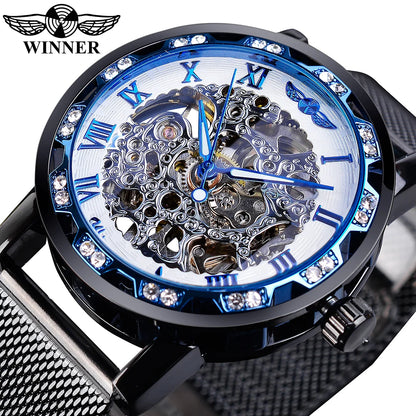 Winner Golden Watches Men Skeleton Mechanical Watch Crystal Mesh Slim Stainless Steel Band Top Brand Luxury Hand Wind Wristwatch