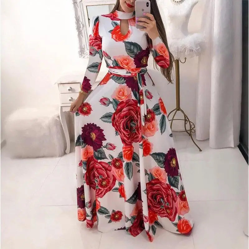 High Quality Breathable Floral Maxi Dress for Women Ladies Casual Summer Fashion with Long Sleeves Belt Sexy Style