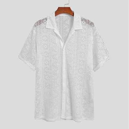 2023 Fashion Men Shirt Mesh Lace Transparent Streetwear Lapel Short Sleeve Button Camisas Party Sexy Men Clothing S-5XL...