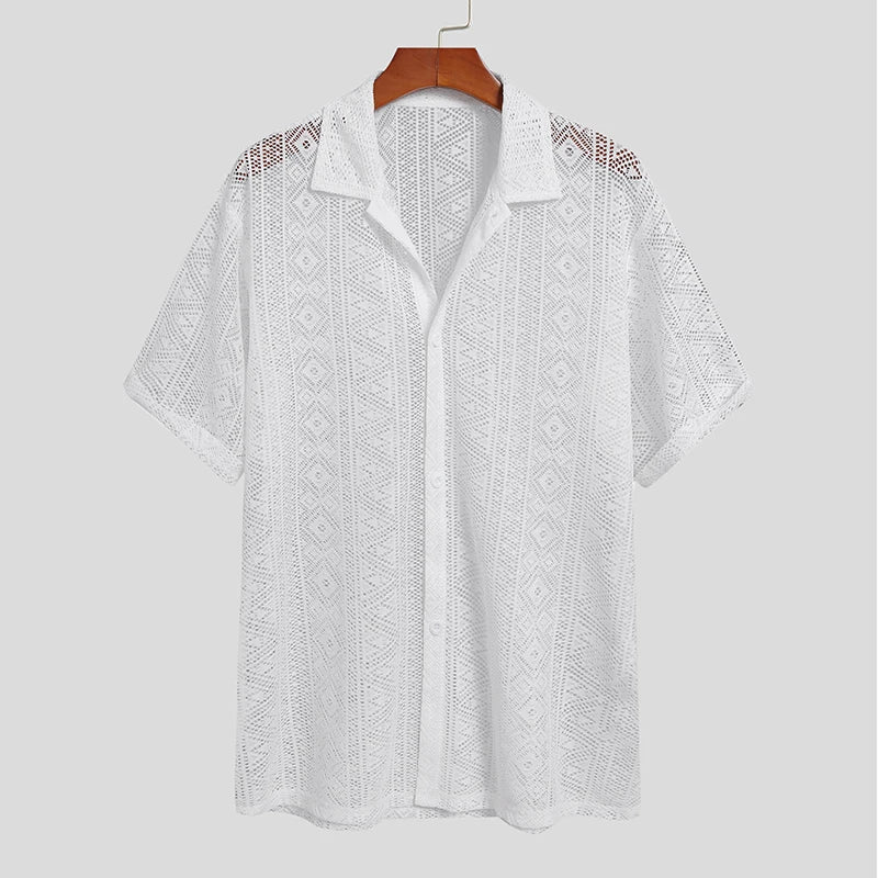 2023 Fashion Men Shirt Mesh Lace Transparent Streetwear Lapel Short Sleeve Button Camisas Party Sexy Men Clothing S-5XL...