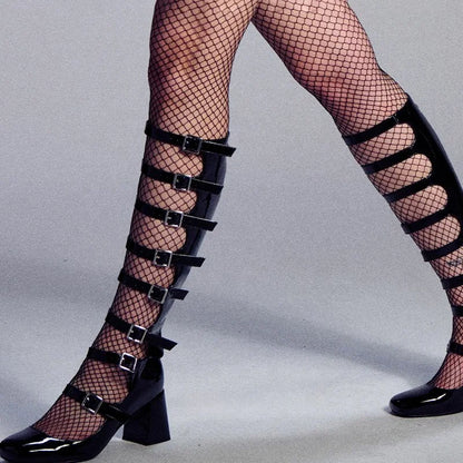 Summer Belt Buckles Women Knee High Boots Chunky Heels Patent Long Booties Sexy Square Toe Back Zipper Sandals Shoes