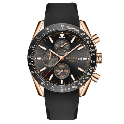 NIBOSI 2615 Business Style Men Watch Luminous Real Leather Band Wristwatch Silicone Strap Chronograph Quartz Watches