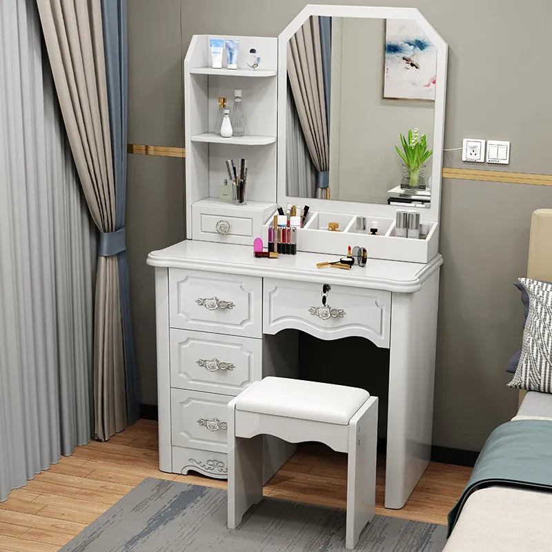 Girls White and Pink Modern Wooden Storage Simple Cheap Make up Dresser Tables Set Vanity Desk With Mirror - Kimlud