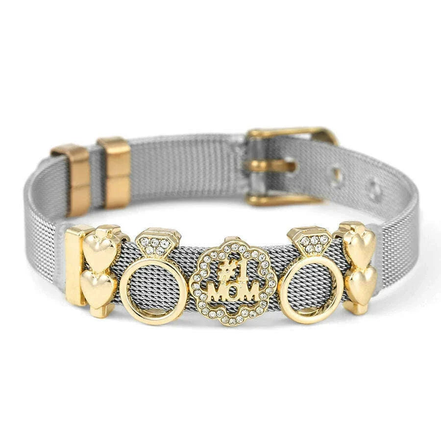 DINGLLY Two-tone Stainless Steel Mesh Bracelets For Women Men Love Heart Beaded 10mm Ribbon Mesh Bracelet & Bangle Gifts