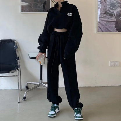 2023 Women Sweatshirt Suit Oversized Sets Female Stand Collar Loose Sweatshirt + Long Pants Suits Short Sets