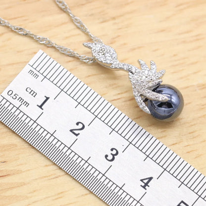 Black Pearl Silver Color Jewelry Sets for Women Earrings Necklace Pendant Ring New Arrival