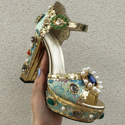 MStacchi Luxury Brand Women Platform Sandals Crystal Embroidery High Heel Sandalia Feminina Buckle Strap Rhinestone Wedding Shoe - Kimlud