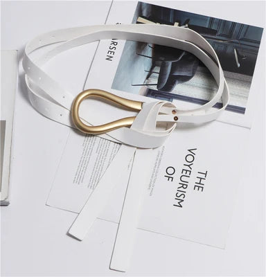 NEW Genuine Leather double Belts Luxury Metal U Buckle belt women girls retro vintage large belt for coat jeans black white