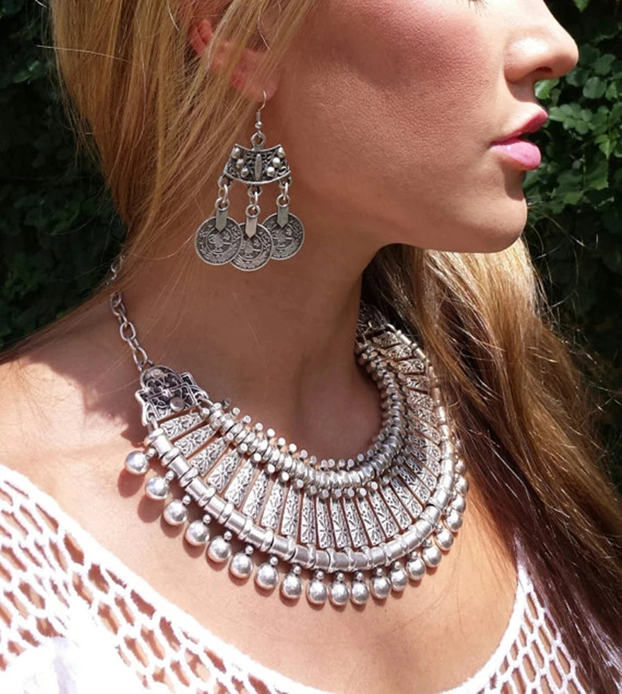 Gypsy Boehmian Hippie Collar Necklaces for Women Big Chunky Tibetan Silver Metal Necklace Festival Turkish Party Jewelry...
