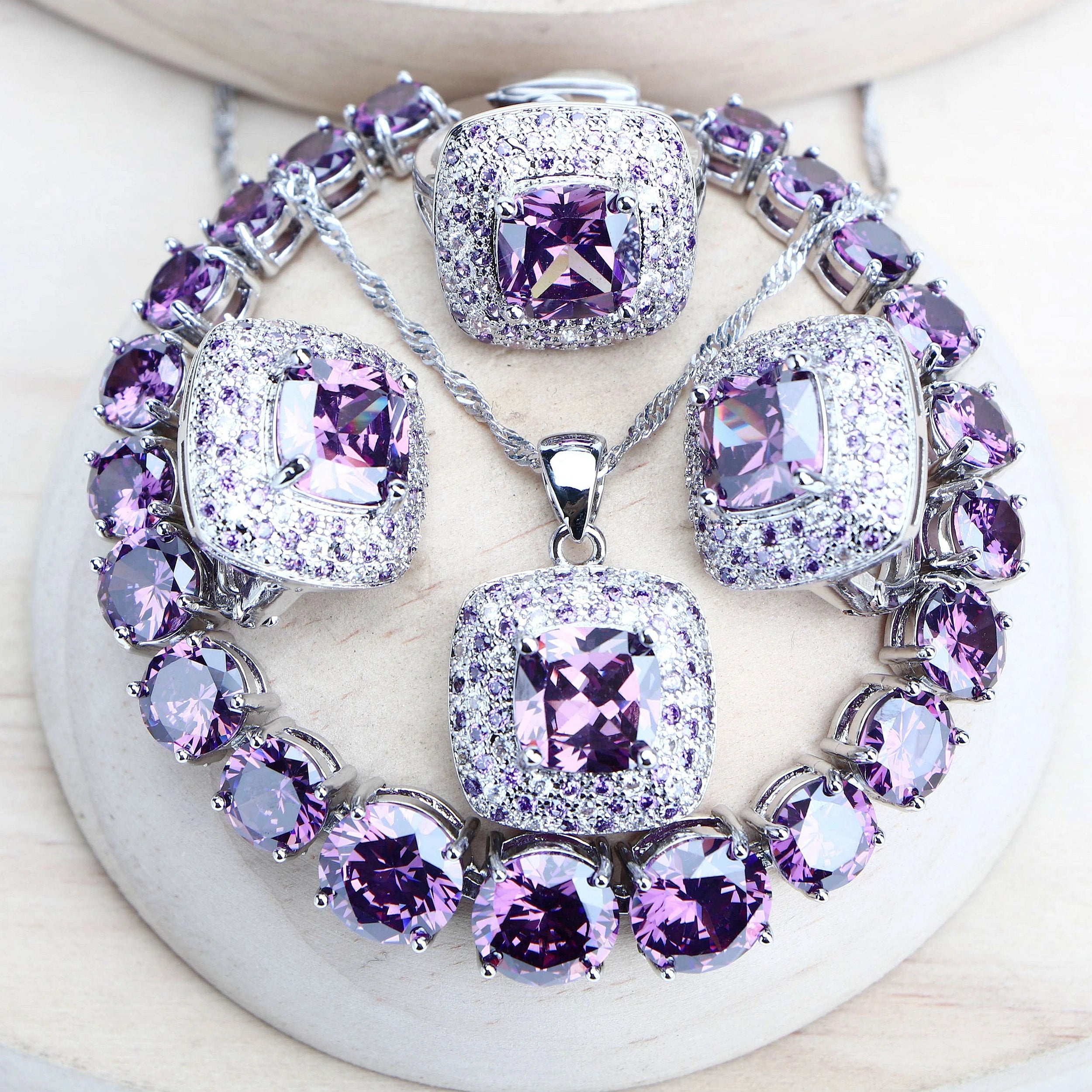 Purple Zirconia Women Bridal Jewelry Sets Silver 925 Fine Costume Jewellery Wedding Earrings Rings Bracelets Pendant...