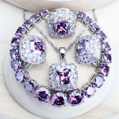 Purple Zirconia Women Bridal Jewelry Sets Silver 925 Fine Costume Jewellery Wedding Earrings Rings Bracelets Pendant...