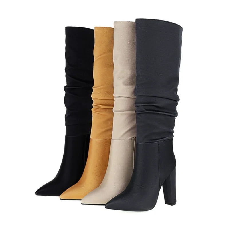 Style Chunky Heel High Knee Boots European Fashion Pointed Toe Winter Sock Fleece Rubber High Quality PU 1 Pair 5-7 Days ZHD-810