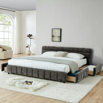 Modern Luxury Queen/King Size Upholstered Bed Frame Soft Chenille Fabric Bedroom Furniture with Wooden Structure