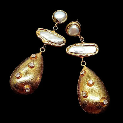 KKGEM natural Cultured 12x28mm White Biwa Pearl Teardrop  23x36mm Brushed Bead  Cz Pave Stud Earrings