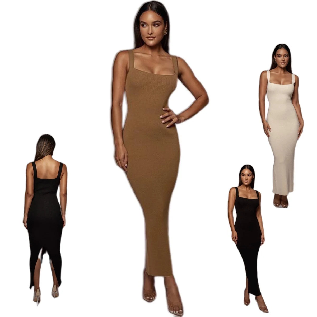 2021 Custom logo Fall Women Office Formal Dresses square Neck Sleeveless tank Bodycon Pencil Ribbed Knitted Dresses