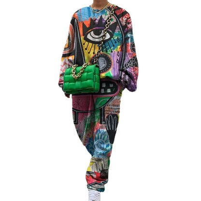 Hip Hop Graffiti Eyes Print Thin Sweatshirt Two Piece Set Women Tracksuit Streetwear Long Sleeve Pencil Pants Streetwear Fashion