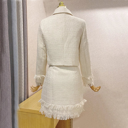 2021 Winter New Women Tweed Fringed 2 Two-Piece Set Sexy Long Sleeve V-Neck Button Coat + Short Skirt Set Vestidos Party Suit