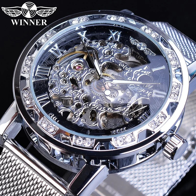 Winner Golden Watches Men Skeleton Mechanical Watch Crystal Mesh Slim Stainless Steel Band Top Brand Luxury Hand Wind Wristwatch